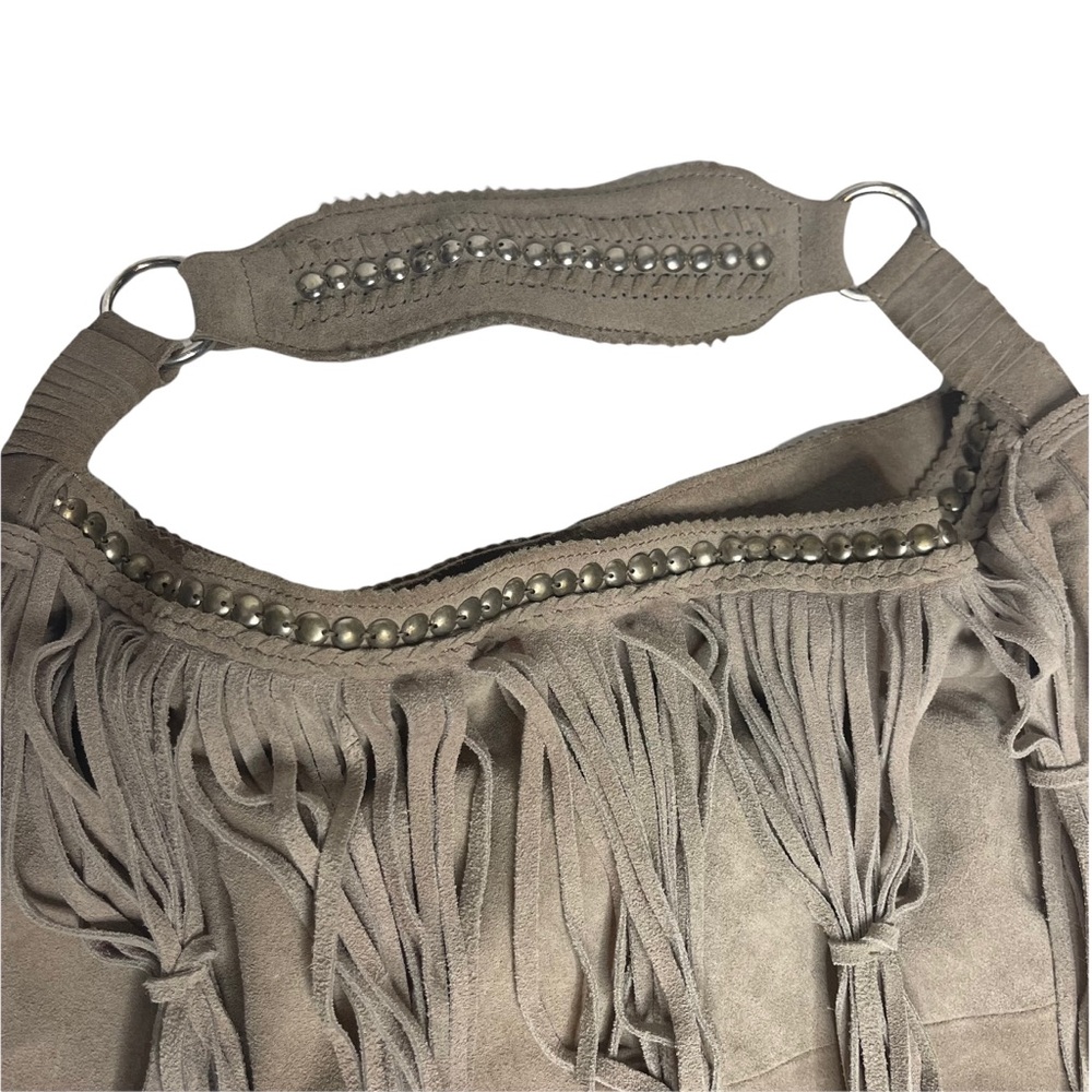 Last Chance….Sondra Roberta Gray Suede Leather Large Fringe Studded Hobo Bag - Picture 11 of 16